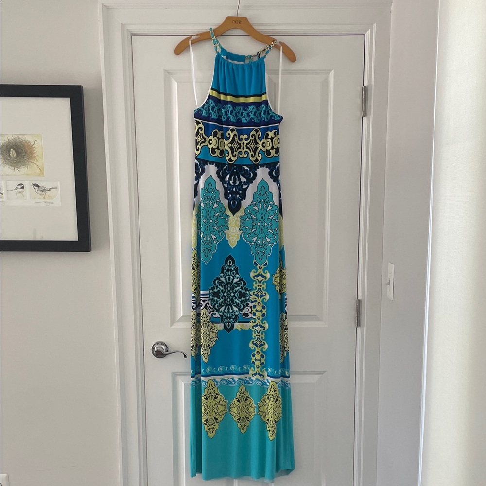 Cache sundress blue printed dress medium halter top with chain. Stretchy